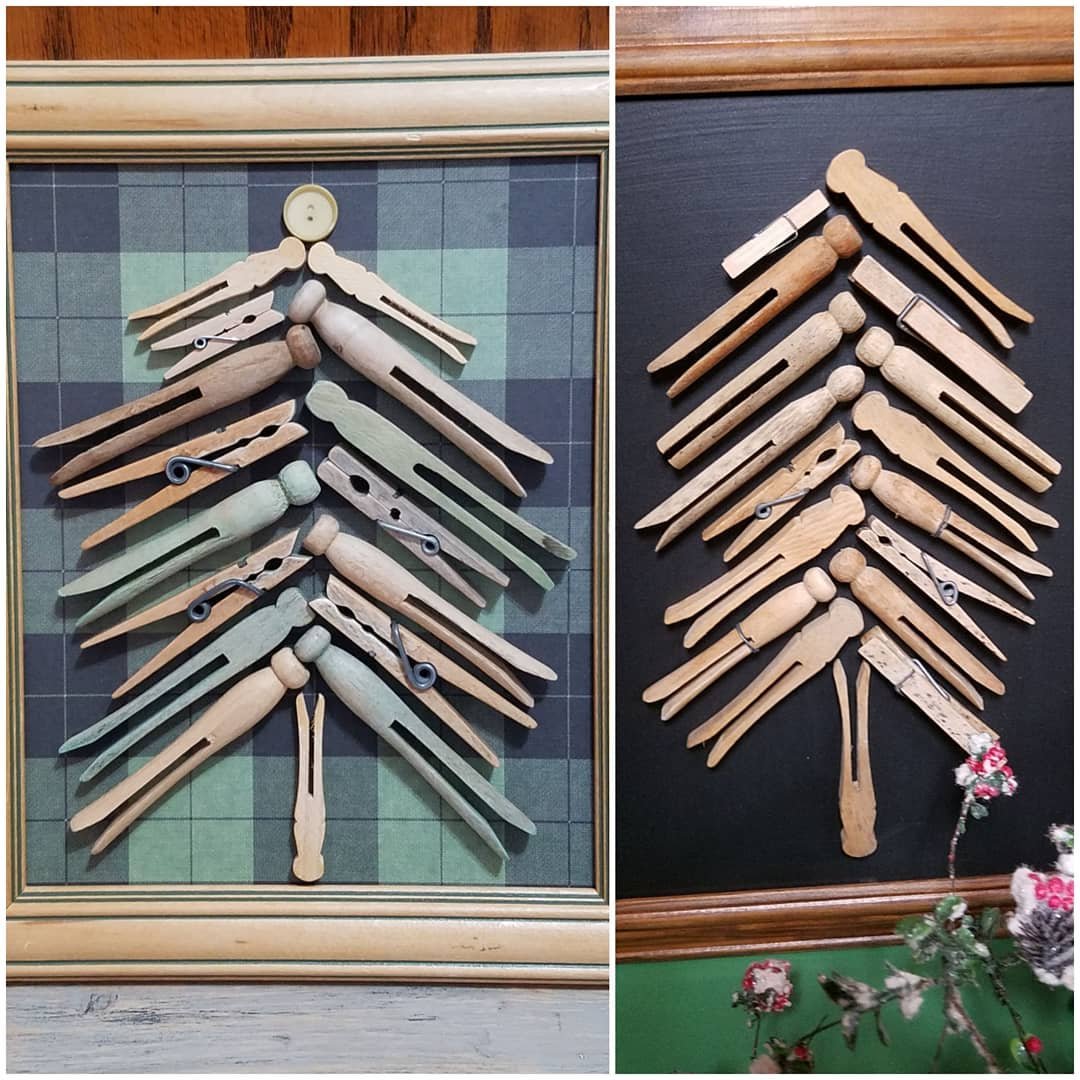 Wooden Christmas tree adorned with clothes pins, creating a unique and festive "Clothespin Tree" decoration.