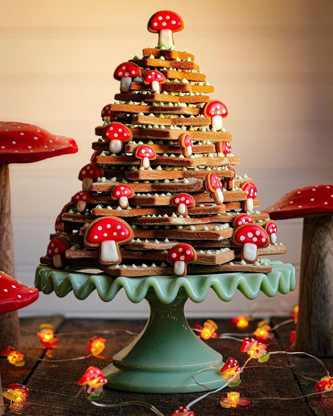 A festive Gingerbread Tree decorated with mushrooms, perfect for the holiday season.