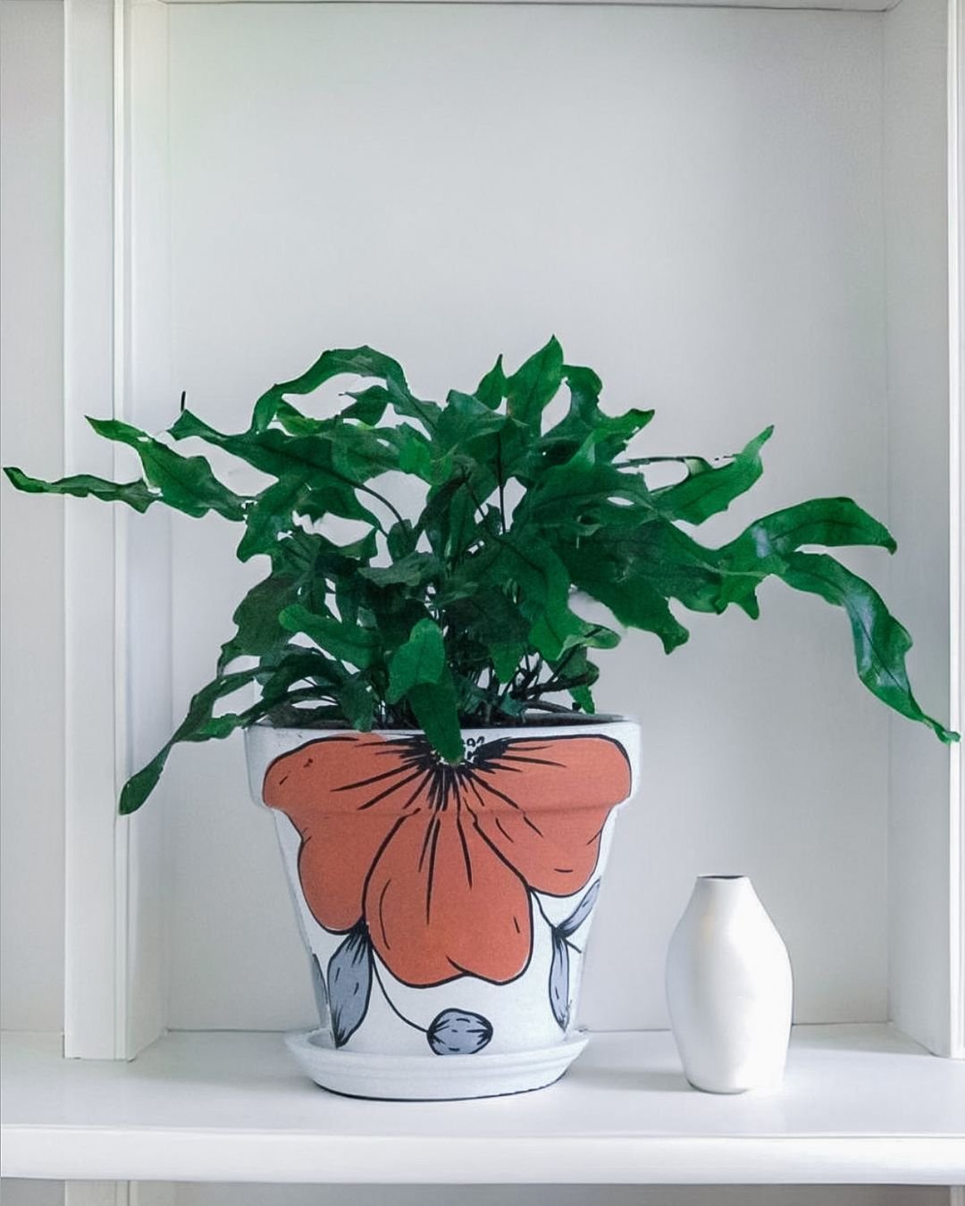 A potted plant with colorful pots, sitting on a shelf.