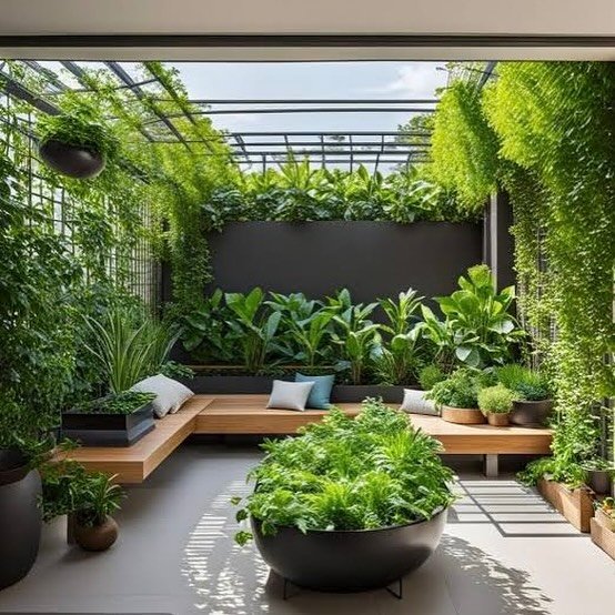  Eco-friendly garden featuring greenery and seating areas, designed for sustainable living.