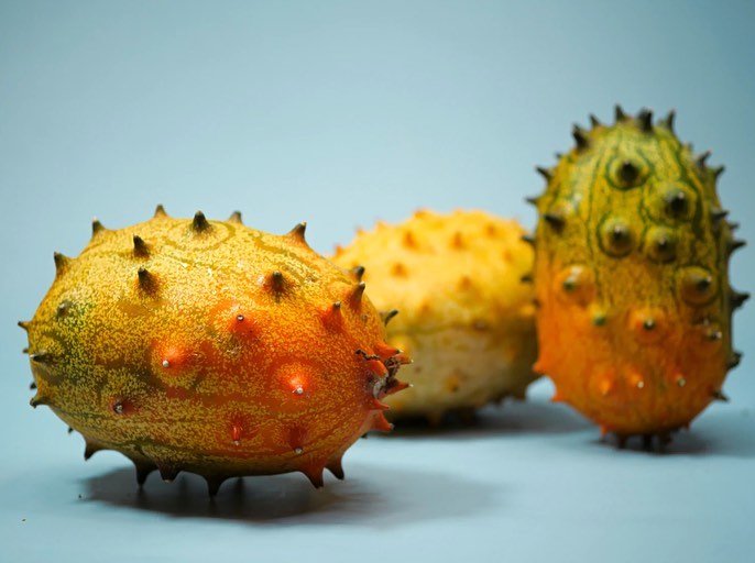 Assorted fruits with spiky leaves, including Horned Melon.