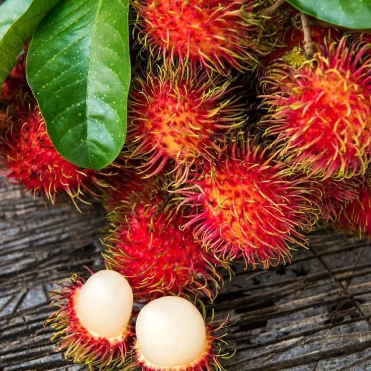 Rambutan fruit with spiky red skin on wooden table.