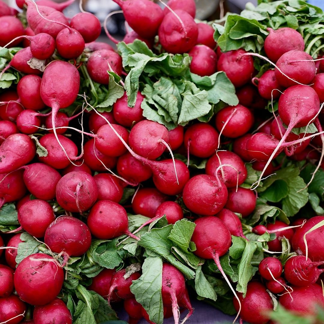 A bunch of fresh radishes on a wooden cutting board.