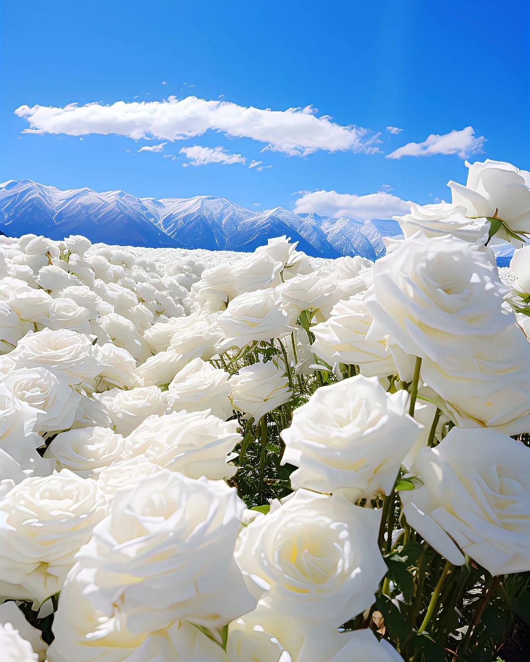 A serene field filled with blooming white roses, showcasing their delicate petals under soft sunlight.