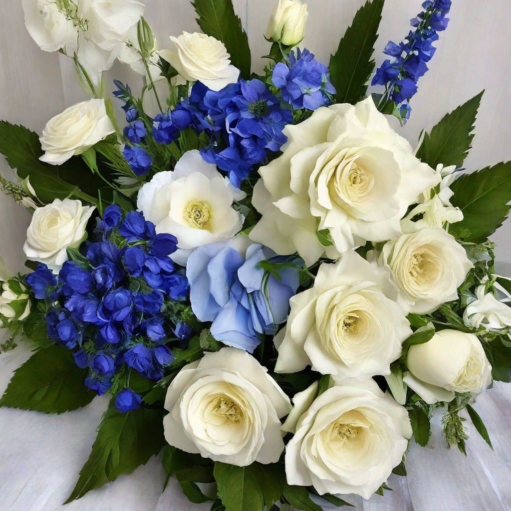 A beautiful arrangement of white and blue flowers, showcasing a harmonious blend of colors in a decorative display.
