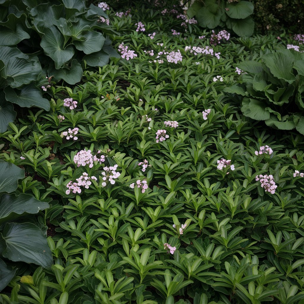 A vibrant bed of pink hellebores surrounded by lush green plants, showcasing shade-tolerant slope gardening.