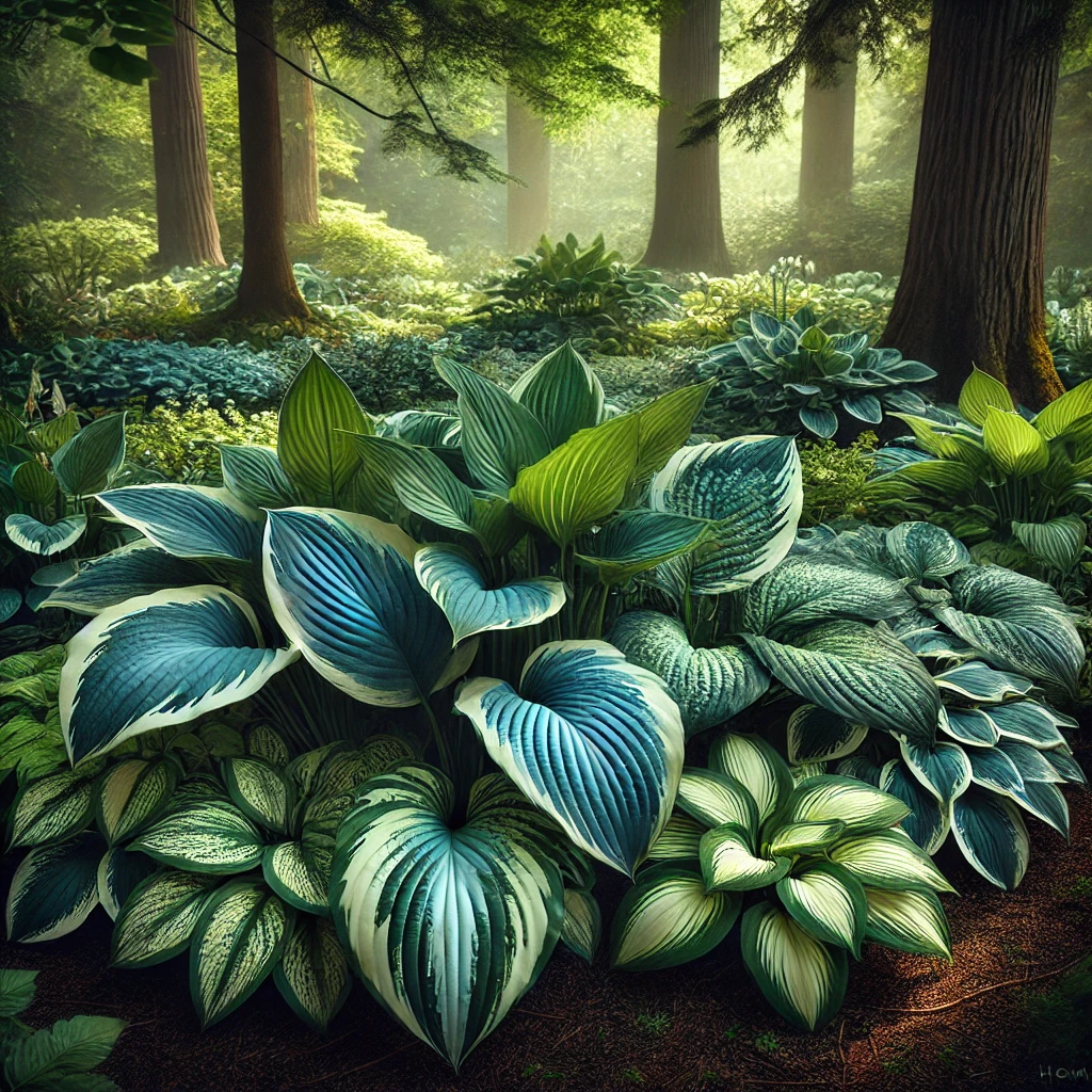 A lush forest featuring vibrant green and blue hostas, showcasing shade-tolerant plants on a gentle slope.