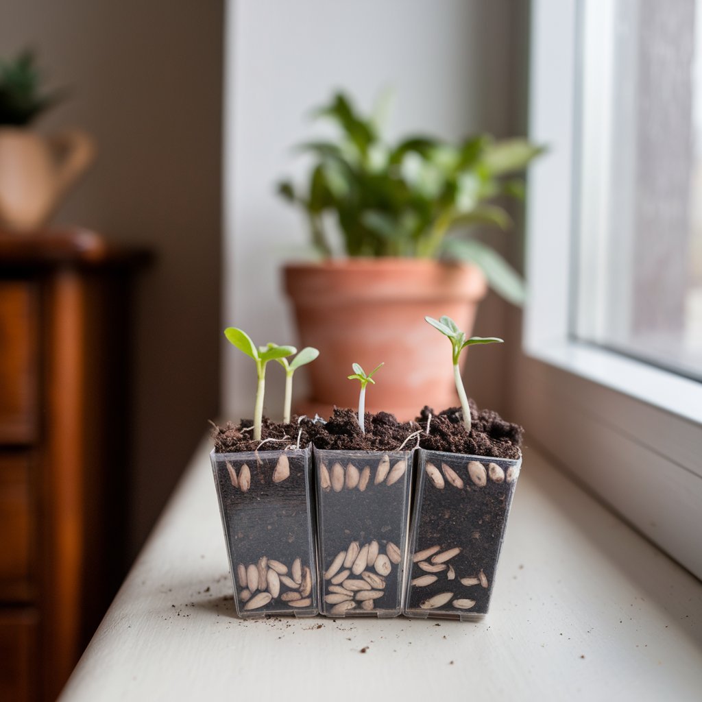 Three seedlings in small pots thriving on a sunlit windowsill, representing the growth of houseplants from seeds.
