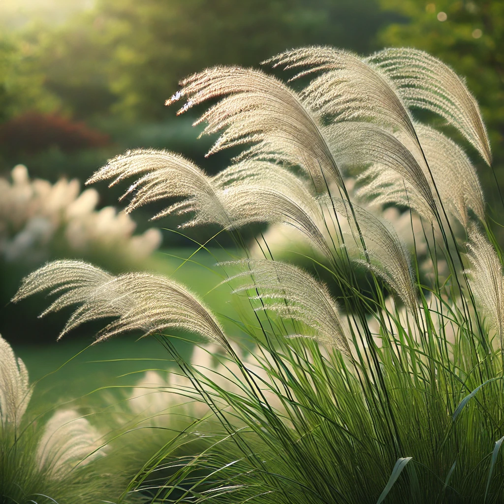 Lush pampas grasses, also known as Maiden Grass, gracefully sway in a vibrant garden setting.