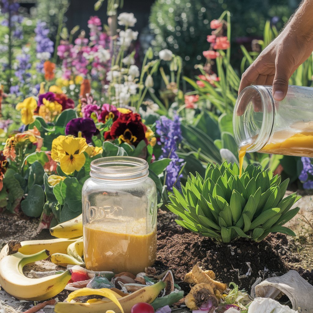 A person slices a banana and a plant in a bowl, demonstrating the process of creating DIY liquid fertilizer.