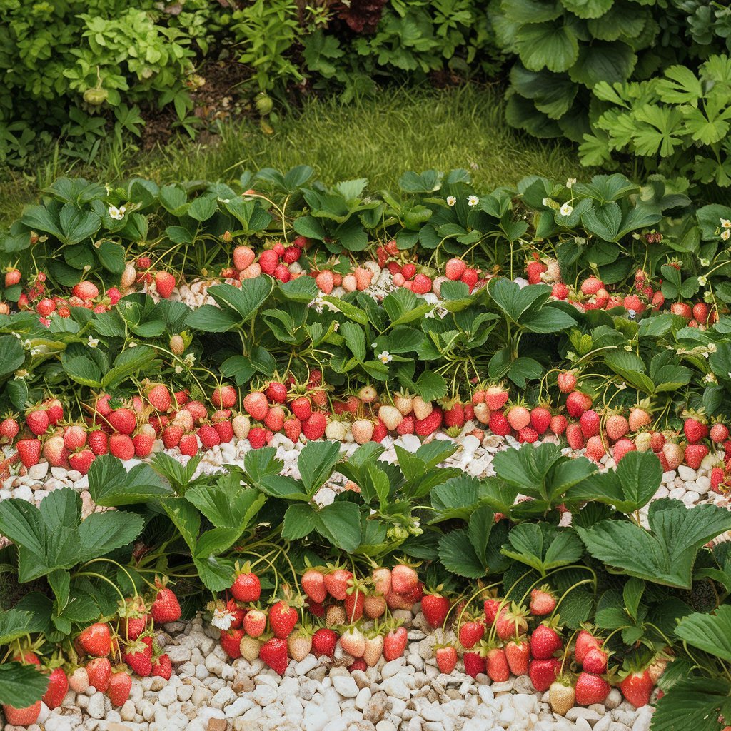 Pink strawberries ripening in a lush garden, showcasing vibrant green leaves and healthy growth.