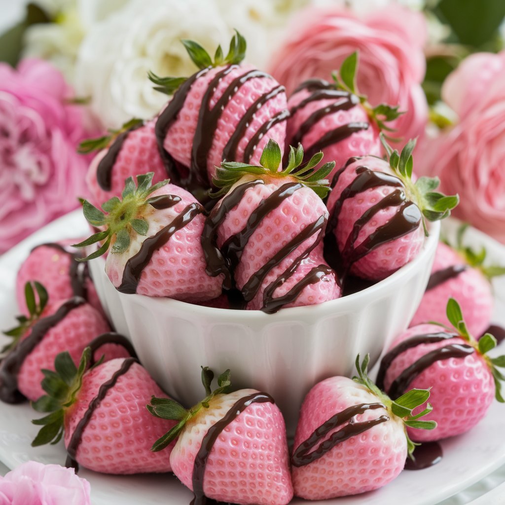  A bowl filled with pink strawberry varieties topped with a rich chocolate drizzle, showcasing a delightful dessert.