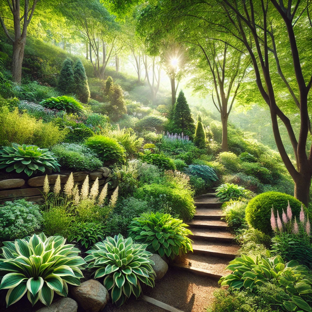  A picturesque garden featuring steps ascending towards sunlight, adorned with shade-tolerant slope plants.