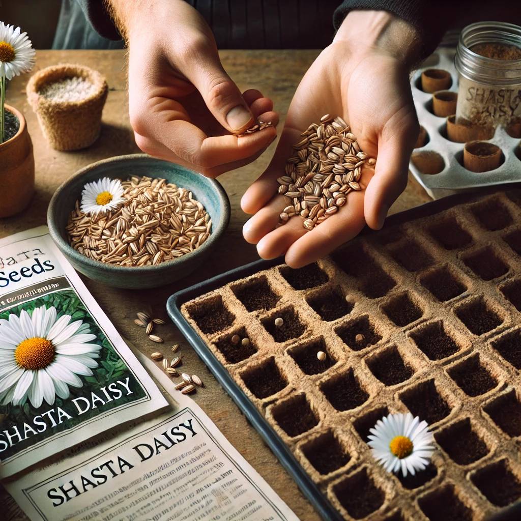  Image depicting the process of growing chamomile seeds alongside Shasta Daisies in a garden setting.