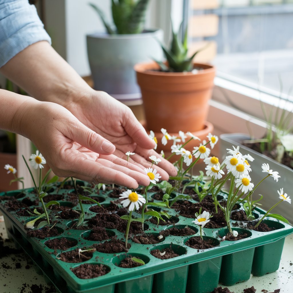  A person carefully plants Shasta Daisies in a tray, preparing for a vibrant floral display.